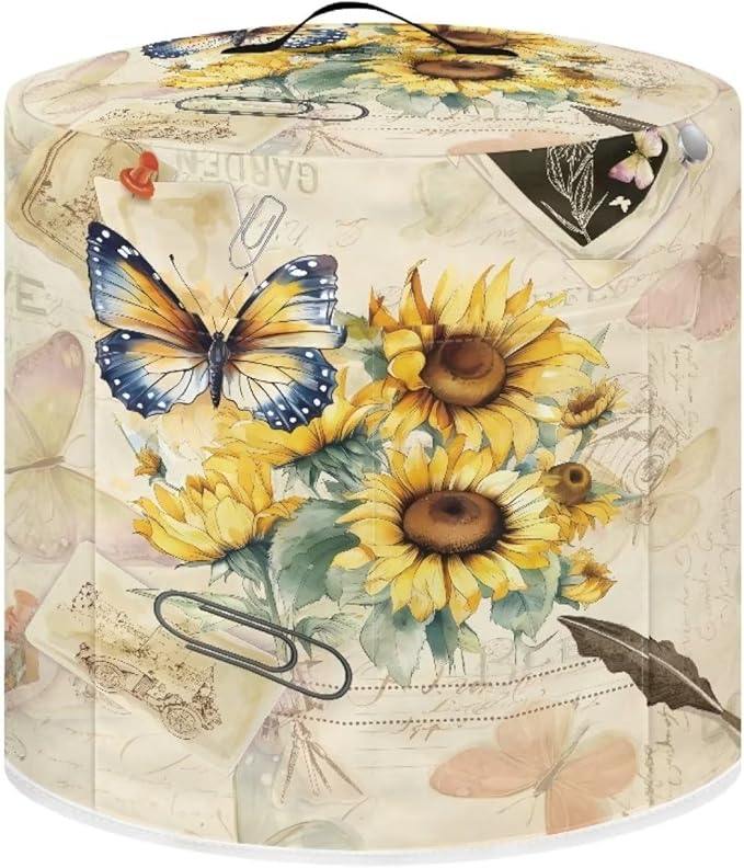 Insulated Pressure Cooker Appliance Cover, Also Fit for Rice Cooker, Air Fryer and Crock Pot, 8 Qt Dust Cover with Pocket for Spoon/Cooking Utensils/Recipes, Butterfly Sunflower Retro