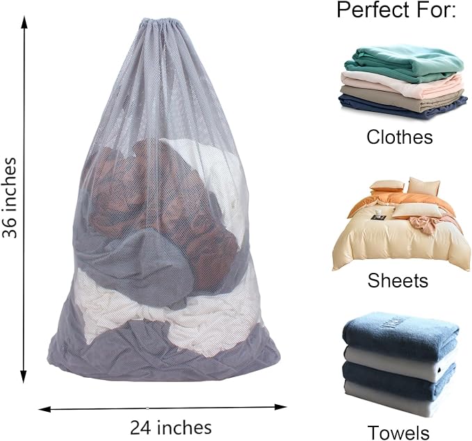 2 Pack Mesh Laundry Bags 24 x 36 Inches Drawstring Bag Grey - Image 2