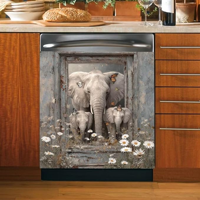 Elephant Dishwasher Magnet Cover - Kithcen Decorative Dishwasher Cover Front Door Panel Decal, Farm Wood Flower Refrigerator Magnet Fridge Sticker, Elephant Gifts for Women, 23x26 Inch