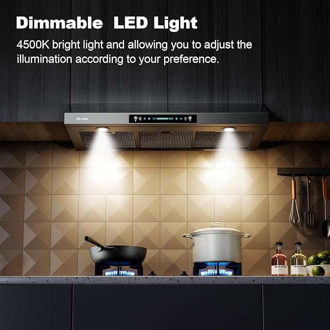 HisoHu 36 Inch Under Ducted Cabinet Range Hood with 1200 CFM, 4 Speed Gesture Sensing Kitchen Exhaust Hood & Touch Control Panel, Stainless Steel Stove Vent Hood with 2 LED Lights（Black）