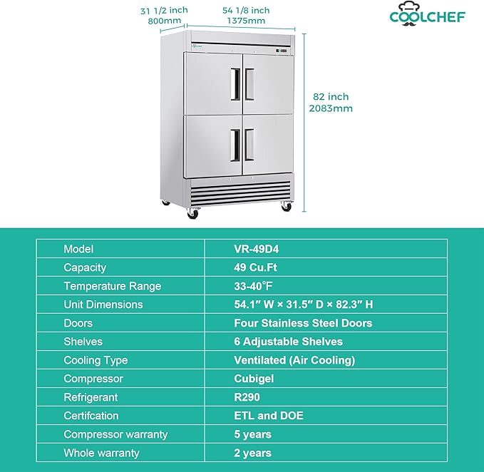 54" Commercial Refrigerator 49 Cu.Ft, Stainless Steel Half-Door Reach-in Fridge, 33-40℉, Air Cooling, LED Light, 6 Shelves, R290, ETL