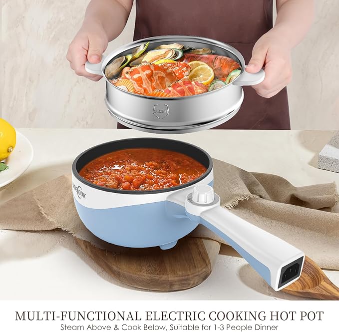 Audecook Hot Pot Electric, 1.7L Mini Electric Skillet Portable Nonstick Sauté Pan with Power Adjustment, Ramen Cooker Travel Multicooker for Steak/Soup/Egg/Oatmeal/Noodles (Tongs for Cooking Included)
