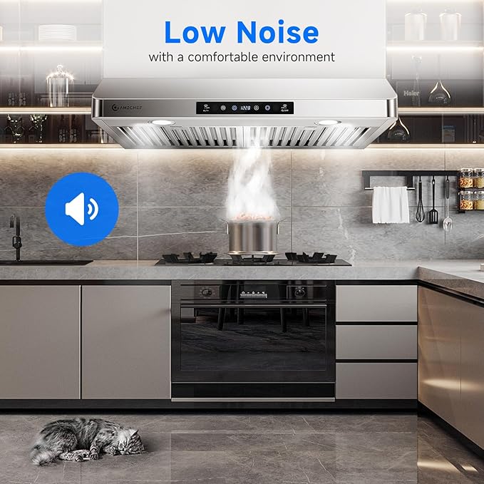 AMZCHEF 30" Under Cabinet Range Hood with Dual Fans System-1050CFM Ultra-Powerful Ventilation,3 Speed Stainless Steel Kitchen Hood with Touch/Remote/Gesture Control, Timer & LED Lights, Baffle Filters