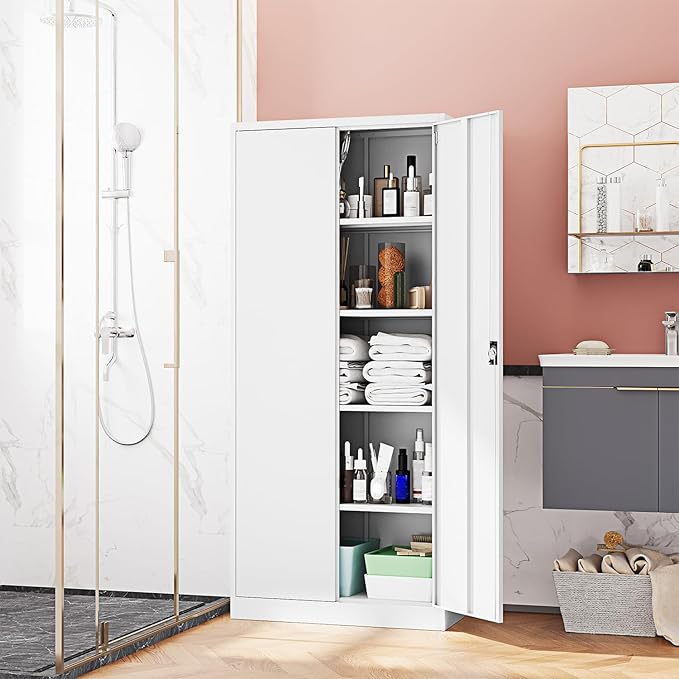 Metal Storage Cabinet-72” Tall Steel File Cabinets with Lockable Doors and Adjustable Shelves-White Steel Storage Cabinet for Kitchen, Office, Garage