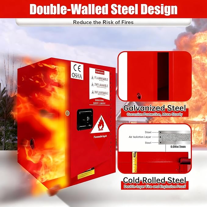 Red Flammable Storage Cabinet 16 Gallon, 18" x 18" x 23" All-Welded Steel Hazardous Cabinet, Adjustable Shelf & Manual Doors for Commercial Use, Warehouses, Lab & Industrial