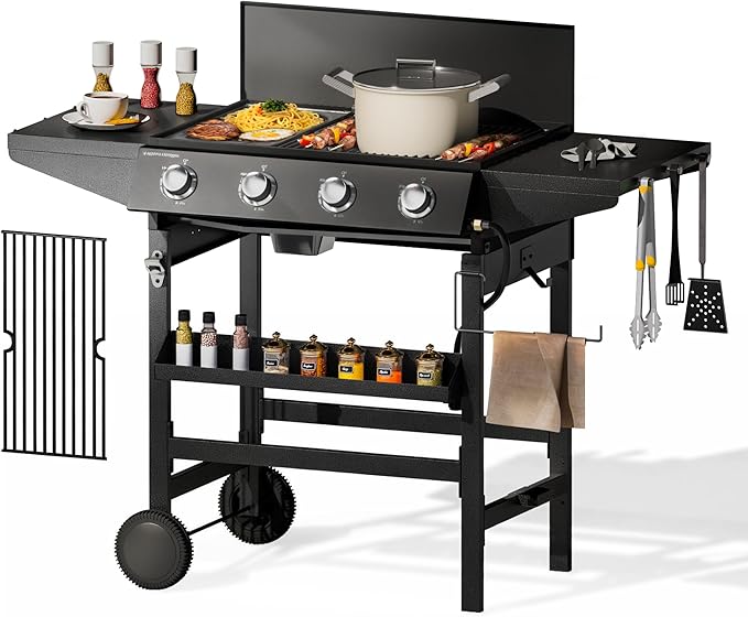 MFSTUDIO 3-in-1 Stove and Griddle Combo Gas Grill 4-Burner Propane Grills 52,000 BTU High Output for Outdoor Patio Barbecue and Meals