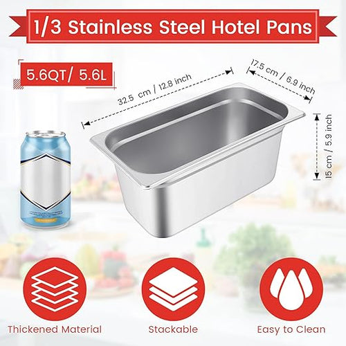10 Pack Hotel Pans Stainless Steel Steam Table Pan 1/3 Size, 0.8 mm Thick Anti Jam Warming Pans for Food Warmer Restaurant Catering Supplies, 12.8 x 6.9 Inch(6 Inch Deep,European)