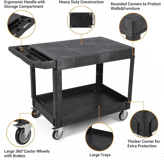 Large Heavy Duty Plastic Utility Service Cart Flat top 45.8 x 25 Inch, Work Cart Flat Shelves Holds up to 550 lbs - 2 Tier Service Cart with 360°Swivel Wheels (2 with Brakes) Black