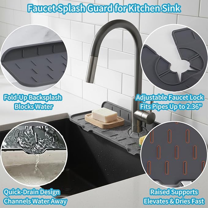 Silicone Faucet Handle Drip Catcher Drying Tray Mat Dish Soap Sponge Holder - Image 2