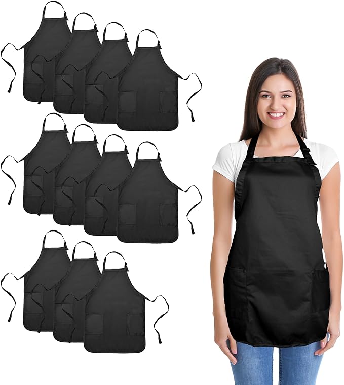 DALIX Apron Commercial Restaurant Home Bib Spun Poly Cotton Kitchen Aprons (2 Pockets) in Black 12 Pack