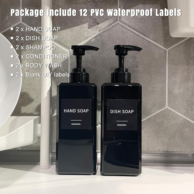 Black Soap Dispenser with Waterproof Labels, Thickened Plastic Hand Soap - Image 3