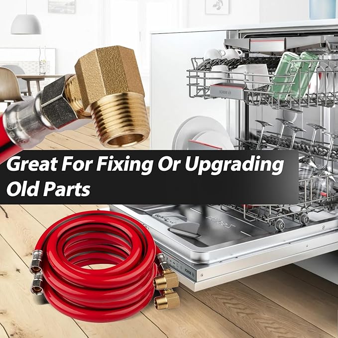 10 Pack Foskan 6FT Red PVC Dishwasher Hose With 3/8" Comp x 3/8" MIP Brass 90 Degree Elbow,Flexible Water Line Connector for Standard Dishwashers （6FT）