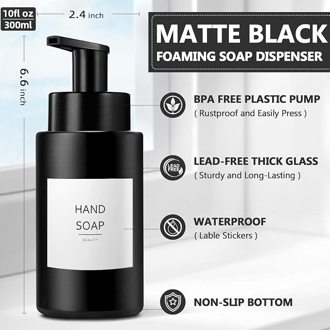 RYTOXILO Matte Black Foaming Hand Soap Dispenser, 10 oz/300ml Glass Foam - Image 4