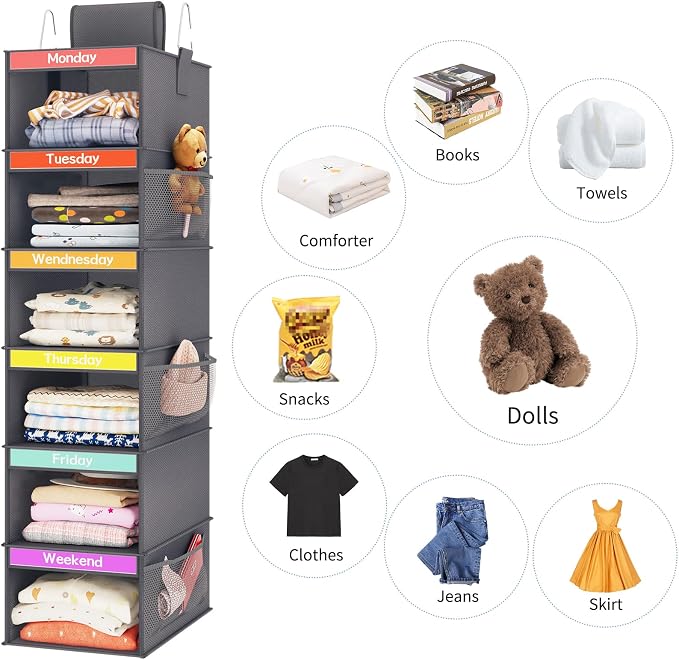 Weekly Kids Clothes Organizer 6-Shelf Hanging Closet Storage Dark Grey | - Image 6