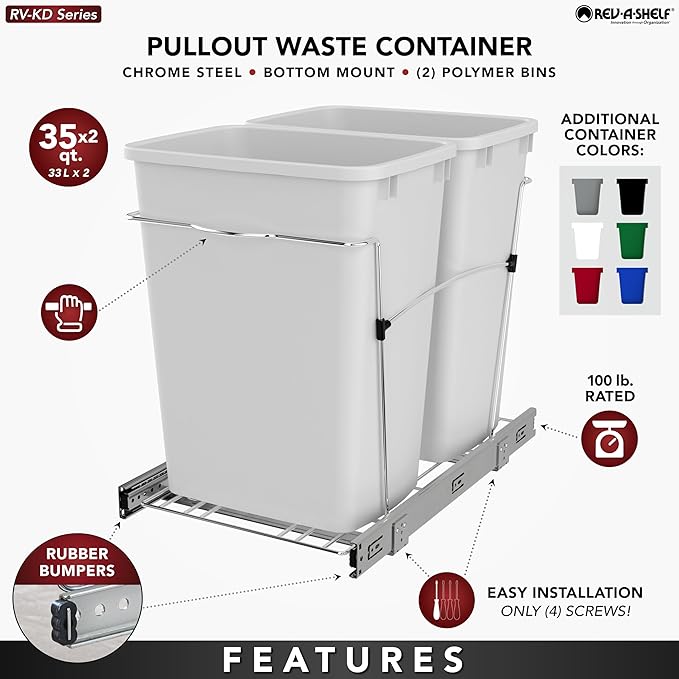 Rev-A-Shelf RV-18KD-13C-S Double Pullout Trash Can for Kitchen Cabinets 35 Quart Garbage Recycling Bin on Full Extension Slides, Gray