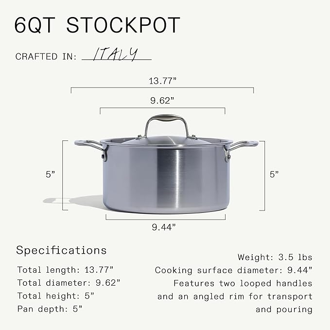 Made In Cookware - 6 Quart Stainless Steel Stock Pot With Lid - 5 Ply Stainless Clad - Professional Cookware - Crafted in Italy - Induction Compatible