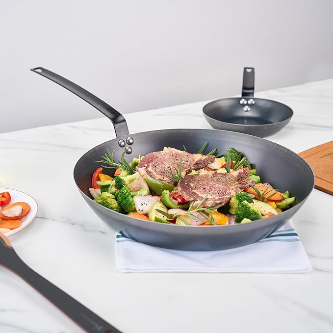 Restaurantware-Met Lux 16 Inch Fry Pan, 1 Lightweight Frying Pan - Induction-Ready, Triple-Riveted, Black Carbon Steel Cooking Skillet, Durable, For Searing, Sauteing, And Browning Food
