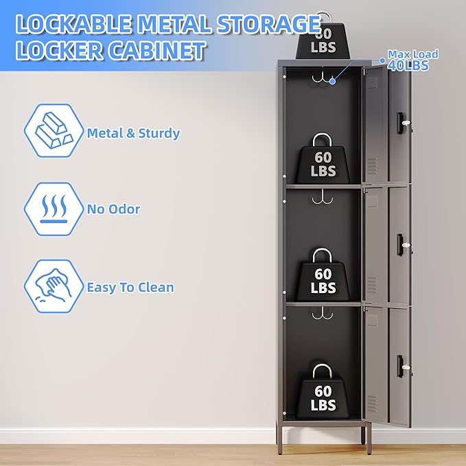 METAN Metal Storage Employees Lockers with 3 Lockable Doors and Hooks,66''H*16''W*16''D Locking Storage Cabinets for Small Spaces,Home,School,Gym,Assembly Required,Dark Gray