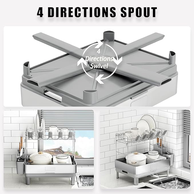 Large Dish Drying Rack, 304 Stainless Steel Dish Racks for Kitchen Counter, Automatic Drainage Spout, Rustproof Kitchen Dish Drainers with Drainboard, Utensil Holder & Glass Holder, White