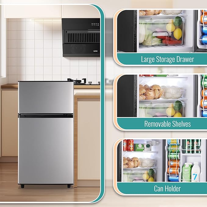 WANAI 3.5 Cu.Ft Mini Fridge with Freezer, Freestanding Refrigerator for Office, Dorm, Apartment, 7-Level Adjustable Thermostat, 2 Removable Shelves and Bakset, Small Fridge in Silver