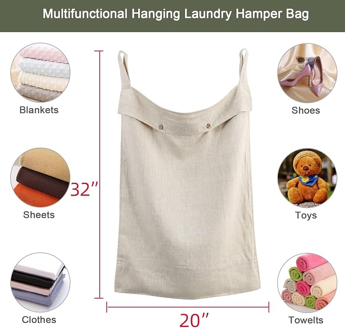Linen Hanging Laundry Bag, 100% Linen Over The Door Laundry Hamper - Image 2