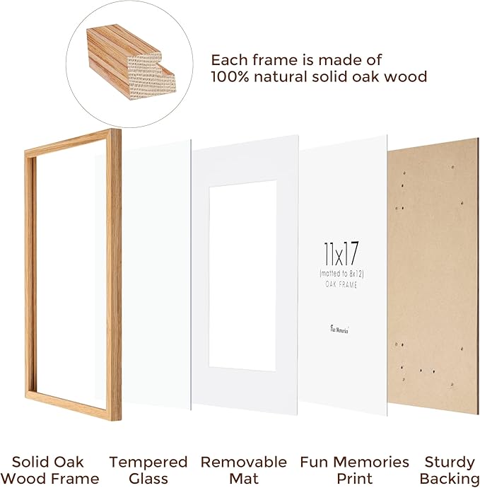 Fun Memories 11x17 Picture Frame, Solid Oak Wood 11"x17" Picture Frames, 11 x 17 Poster Frame for Wall, 11x17 Wood Photo Frame - 8x12 with Mat, Tempered Real Glass (Beige Oak Color, 1 Pack)