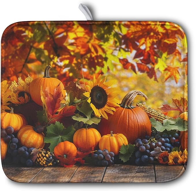 Fall Dish Drying Mat Autumn Harvest Pumpkin Maple Leaf Sunflower Drying Mats by Kwlegh