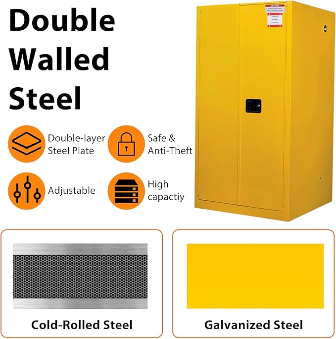 60 Gal Flammable Safety Cabinet, 65" x 34" x 34" Galvanized Steel Industrial Flammable Liquid Storage Cabinet with Adjustable Shelves, Fireproof Double-Wall Design, Manual Close Doors
