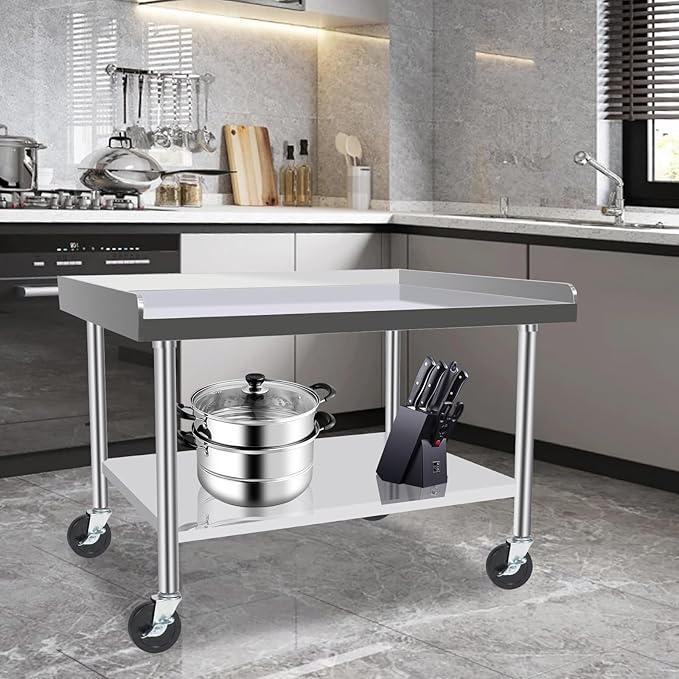 Commercial-Grade Stainless Steel Workstation Table with Under Shelf & Lockable Casters (30"x36"x26")