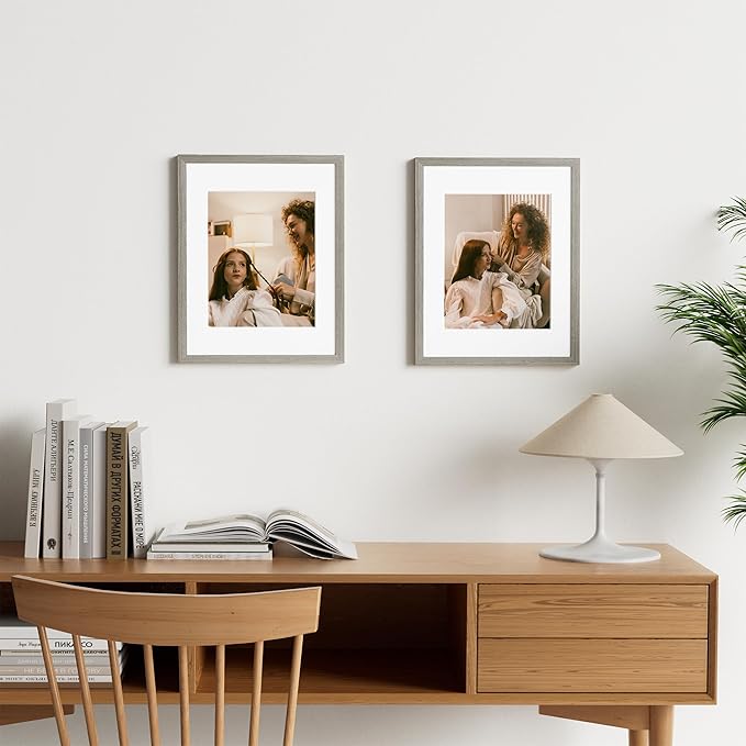 Vittanly 11x14 Picture Frame Set of 2, Solid Wood Frame for Wall Art Photo and Prints, Display Photo 8x10 with Mat or 11x14 without Mat, Grey
