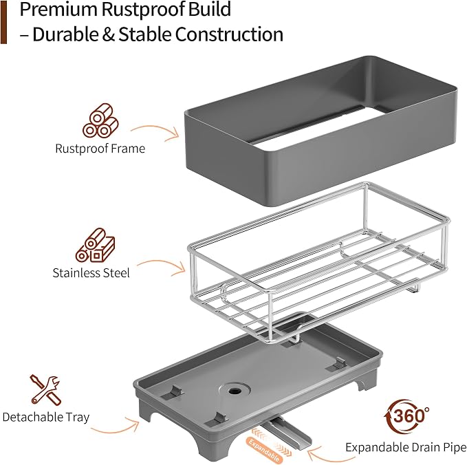 MOUKABAL Sponge Holder for Kitchen Sink, Rustproof Stainless Steel Grey - Image 2