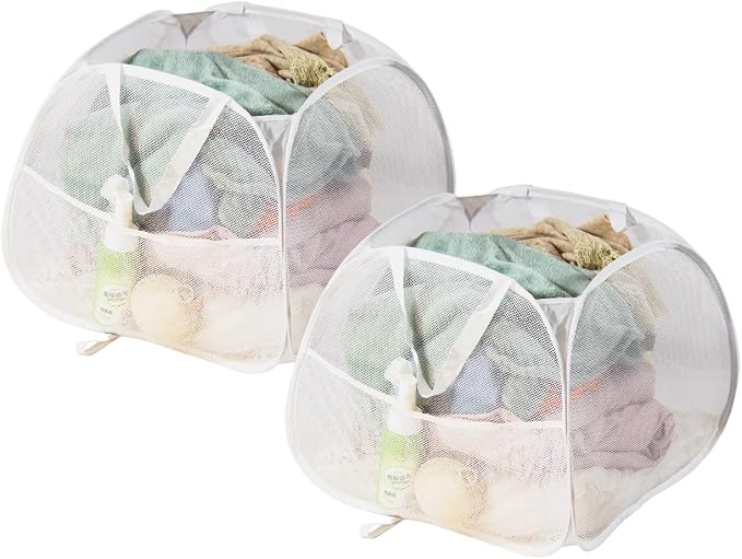 Collapsible Laundry Basket 90L, Mesh Pop-up Hamper, Side Storage Pocket by LUANMEET