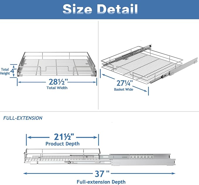 ROOMTEC Pull Out Cabinet Organizer, Cabinet Pull Out Shelves 28½" W x 21½" D, Heavy Duty Cabinet Drawers Slide Out Kitchen Cabinet Organizers Storage Shelf