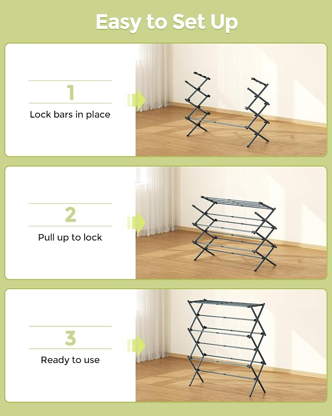 3-Tier Foldable Clothes Drying Rack, 37.6" H, Tool-free Assembly, Extendable - Image 7