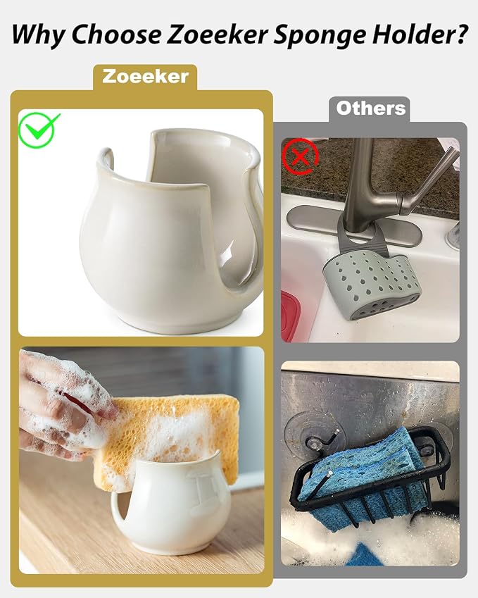 Zoeeker Sponge Holder for Kitchen Sink, Ceramic Dish Sponge Caddy - Image 3