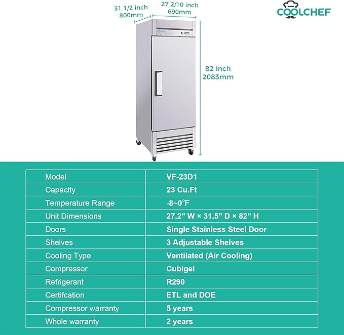 27" Commercial Freezer, 23Cu.Ft Single-Door Stainless Steel Reach-In Freezer, -8~0℉, Air Cooling, 3 Shelves, R290, ETL