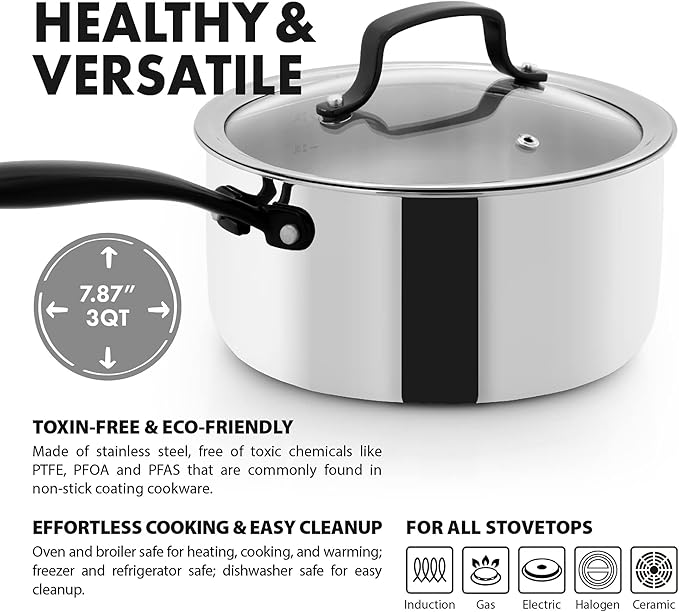 GrandTies Full-Clad Tri-Ply Stainless Steel Sauce pan Induction Cookware – 3 QT Stainless Steel Pot, Marquina Black Metal Handles Kitchen Cooking Pot with Lid, Dishwasher Safe Pots and Pans