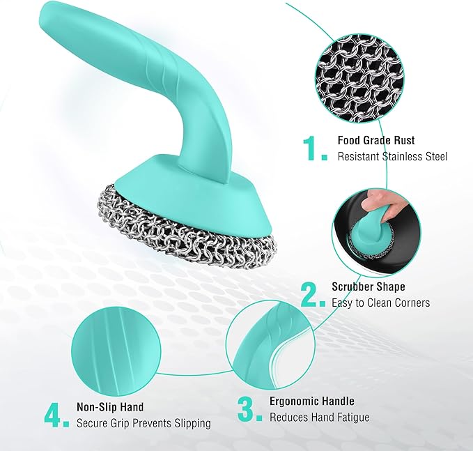 HAUSHOF Cast Iron Scrubber with Long Handle, Chainmail Scrubber Cast Iron Cleaner for Pan, Kitchen Cleaning Kit for Grill, Dutch, Oven