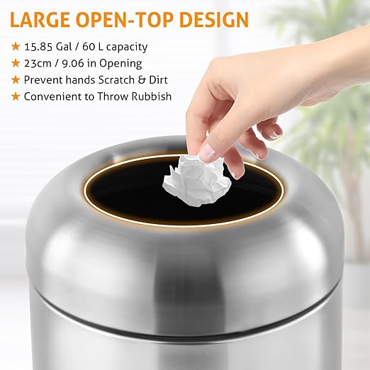 WICHEMI 16 Gallon Commercial Large Trash Can, Bullet Outdoor Trash Bin with Open Top Lid, Brushed Stainless Steel Garbage Can, Bright Silver