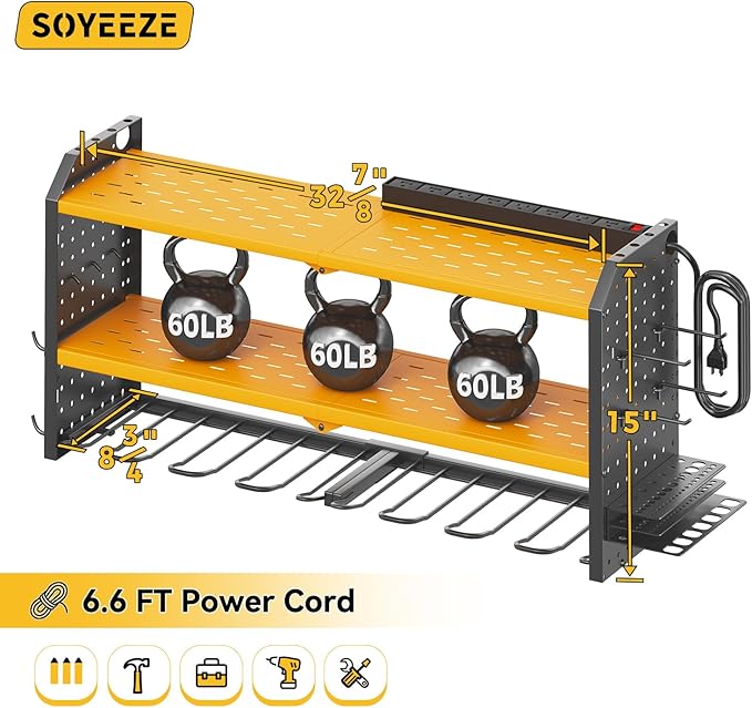 SOYEEZE Large Power Tool Organizer Wall Mount with Charging Station, 3 Layer Heavy Duty Metal Tool Storage Rack with 8 Drill Holder, Tool Holder Built in 8 Outlet Power Strip (Yellow)