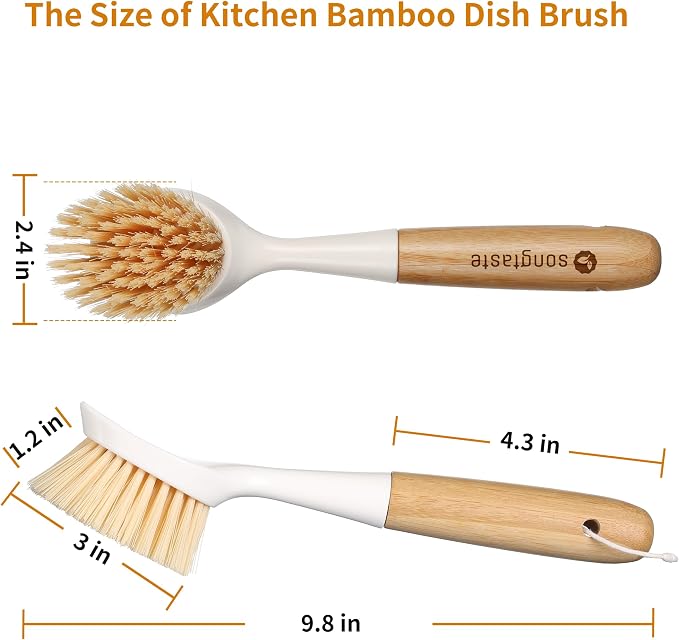 2 Pack Kitchen Dish Brush Bamboo Handle Dish Scrubber Built-in Scraper | Scrub - Image 6