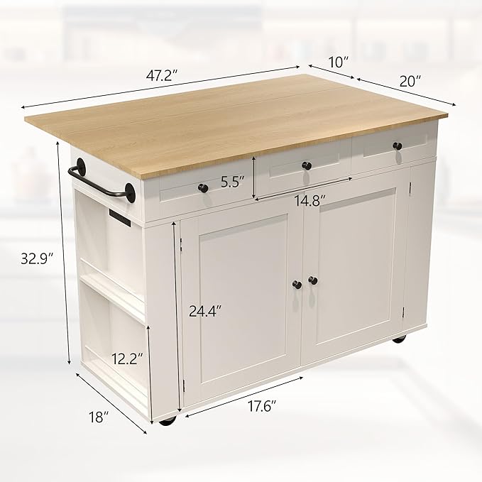 47.2 in Mobile Kitchen Island with Drop Leaf Countertop, Charging Station & Ample Storage, Rolling Kitchen Cart on Wheels with Pull-Out Shelves, Drawers, Spice Rack & Organizer Divider (White-1)