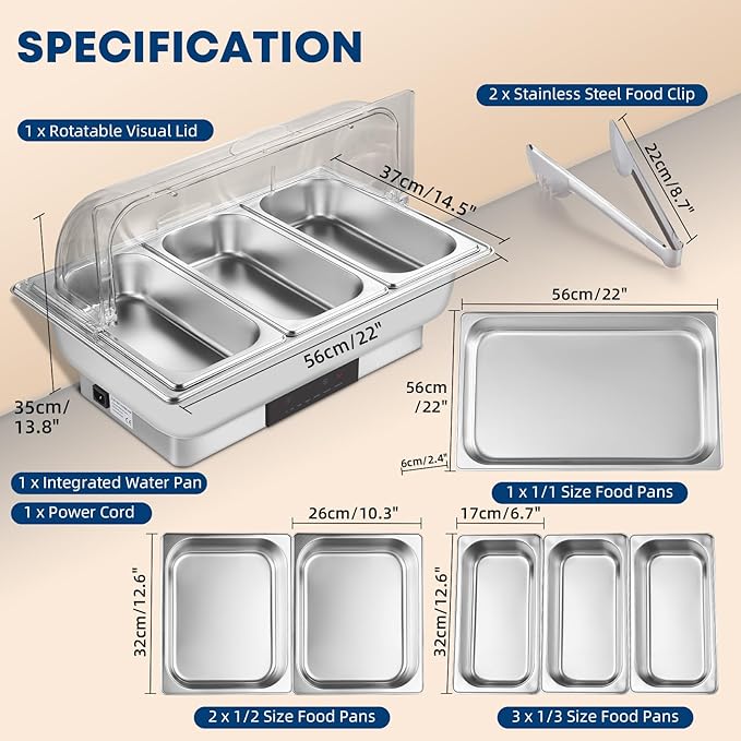 Electric Chafing Dish Buffet Server Set, Stainless Steel Full Size & Half-Size &Three-Section Food Pan with Temp Control, Roll Top Stainless Steel Food Warmers for Catering Buffet (A-02)
