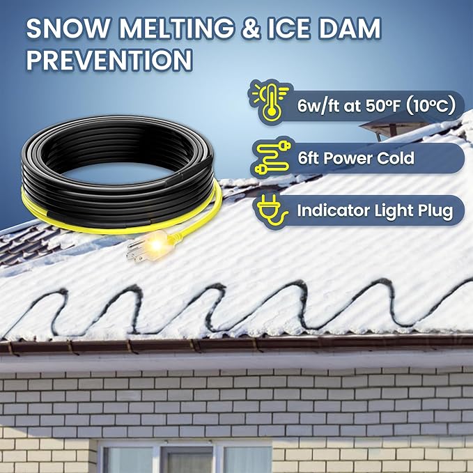 60 FT Gutter Heat Cable Kit, YeloDeer 6 W/FT Heat Tape for Roof and Gutters, Self-Regulating Roof Melt Heating Snow De-Icing Cable, 120V