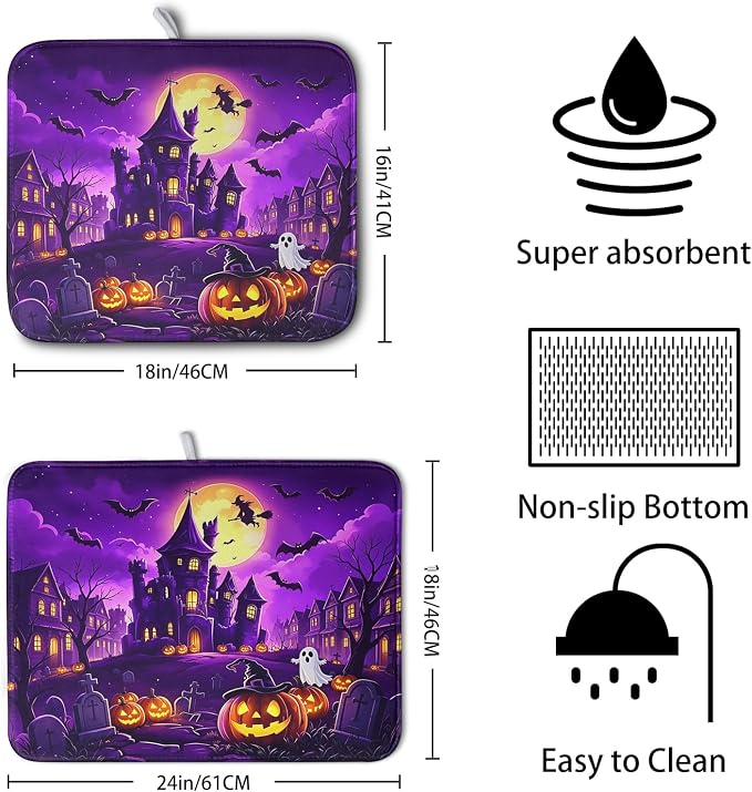 Halloween Dish Drying Mat for Kitchen Counter Witch Castle Bats Ghost Purple - Image 2