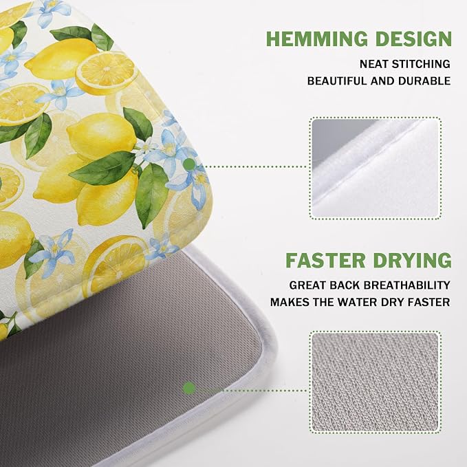 Kawani Lemon Dish Drying Mat 16x18 Inch Absorbent Reversible Summer Drying Mat - Image 4
