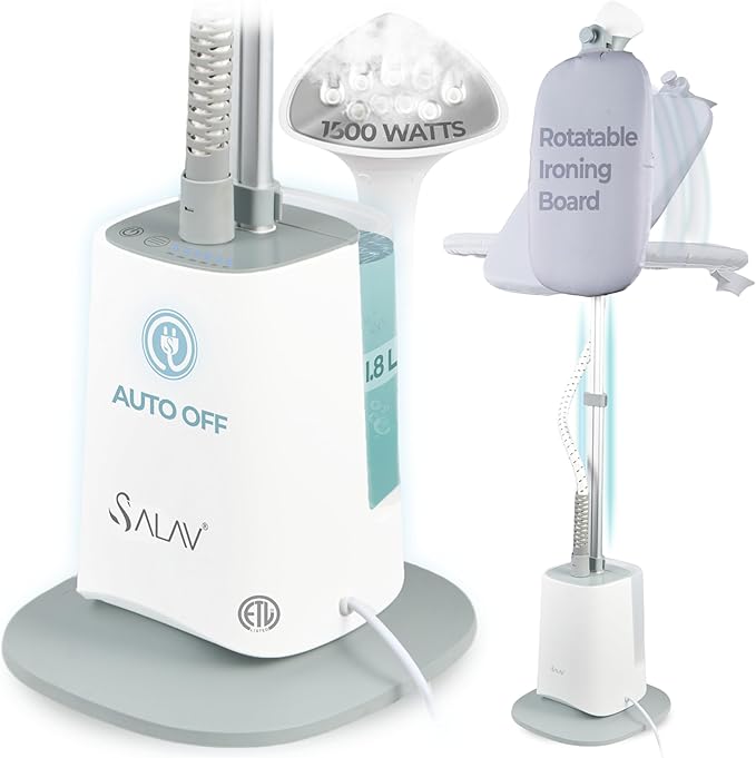 SALAV Standing Garment Steamer with Smart Auto-Off, Adjustable Comfort Board, 6 Steam Setting LED Display for Various Fabric Types, Perfect for Home and Family