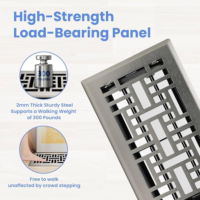 4x8 Inches Heavy Duty Walkable Floor Register Easy Adjust Air Supply Lever Floor Vents - Seattle Design - Vent Cover for Home Floor - Satin Nickel