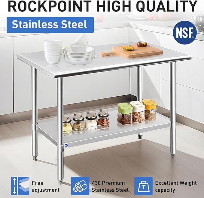 ROCKPOINT Stainless Steel Table for Prep & Work 30x60 Inches, NSF Metal Commercial Kitchen Heavy Duty Table with Adjustable Under Shelf and Table Foot for Restaurant, Home and Hotel
