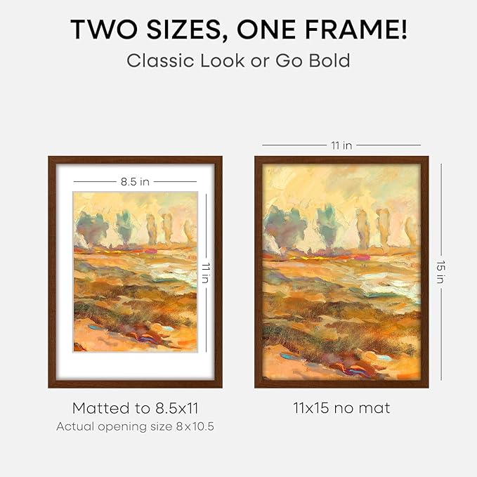 Homeforia 11x15 Brown Picture Frame, High End Dark Oak 11x15 Walnut Poster Frame with Mat 8.5x11, 11 x 15 Wooden Frames Matted to 8 by 11 inch Photo, 15x11 Frames, Tempered Glass, Wall Kit, Set of 3